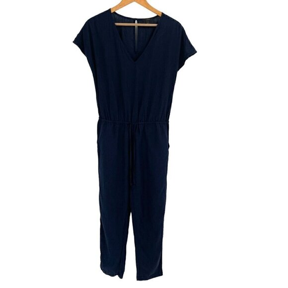 J.Crew Linen Blend V-Neck Relaxed Jumpsuit Playsuit Preppy Navy Blue size XS - Picture 1 of 8